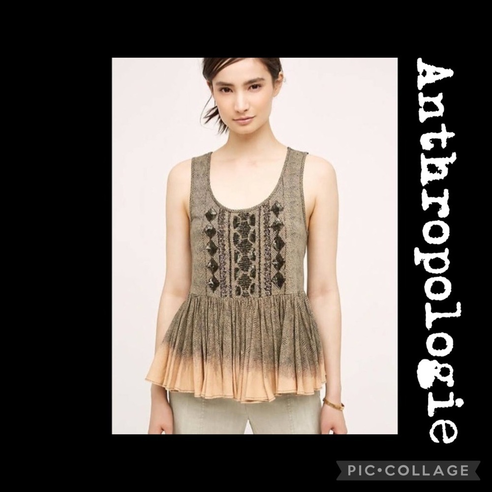 Anthropologie Akemi + Kin XS Tan and Gold Embellished Boho Peplum Tank Top
